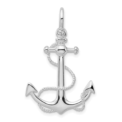 Sterling Silver De-Ani Rhodium-Plated Polished 3D Anchor With Rope Pendant