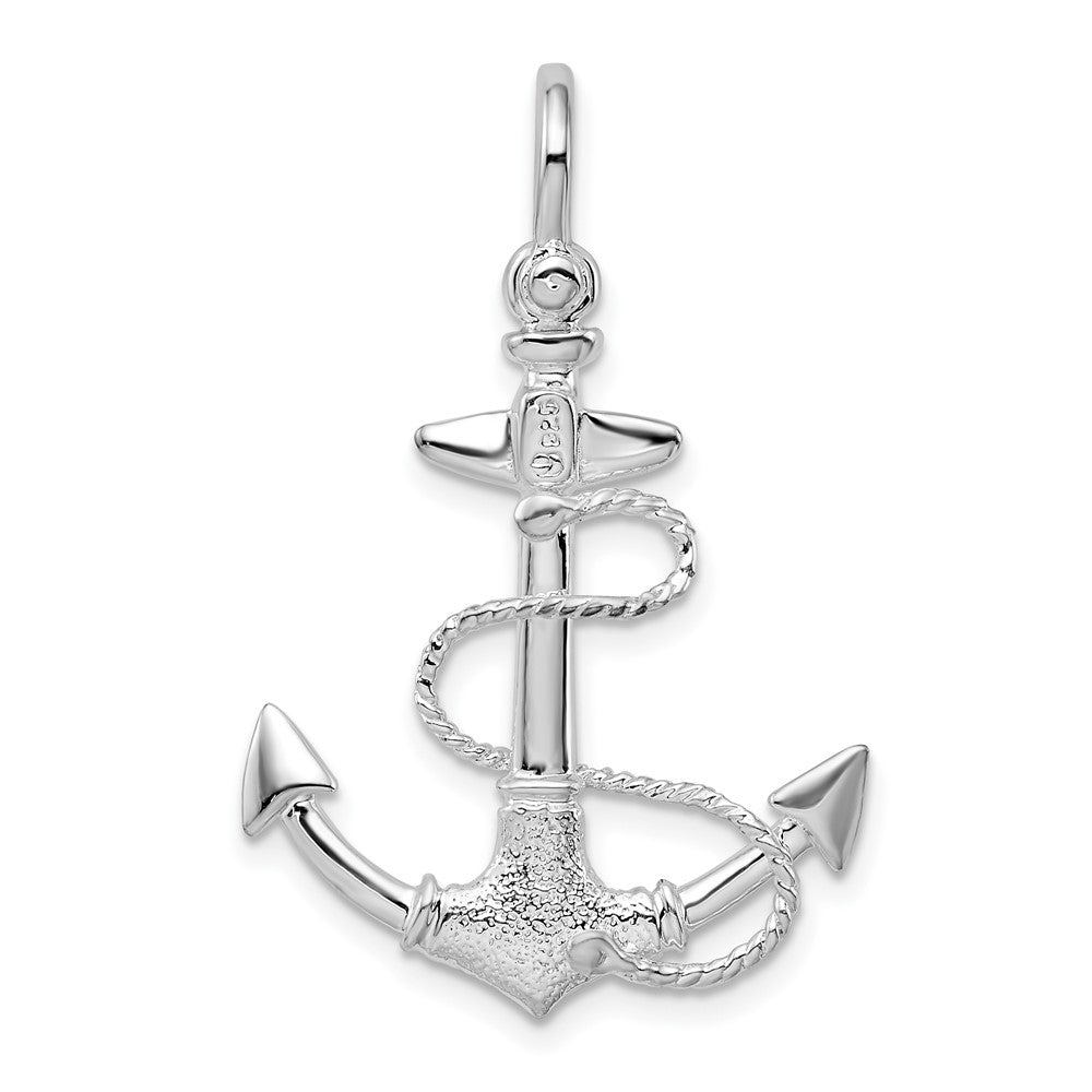 Sterling Silver De-Ani Rhodium-Plated Polished And Textured 3D Anchor With Rope Pendant