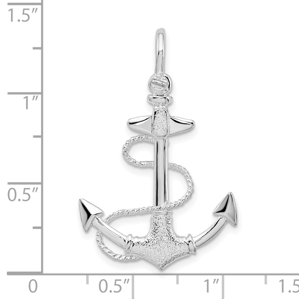 Sterling Silver De-Ani Rhodium-Plated Polished And Textured 3D Anchor With Rope Pendant