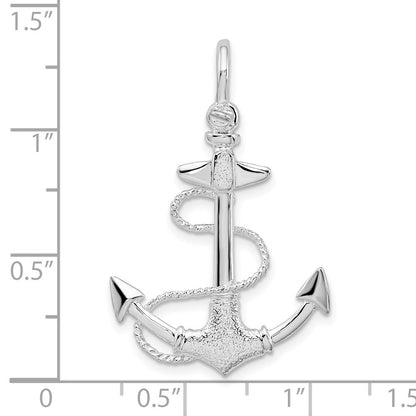Sterling Silver De-Ani Rhodium-Plated Polished And Textured 3D Anchor With Rope Pendant