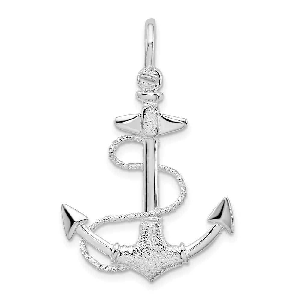 Sterling Silver De-Ani Rhodium-Plated Polished And Textured 3D Anchor With Rope Pendant
