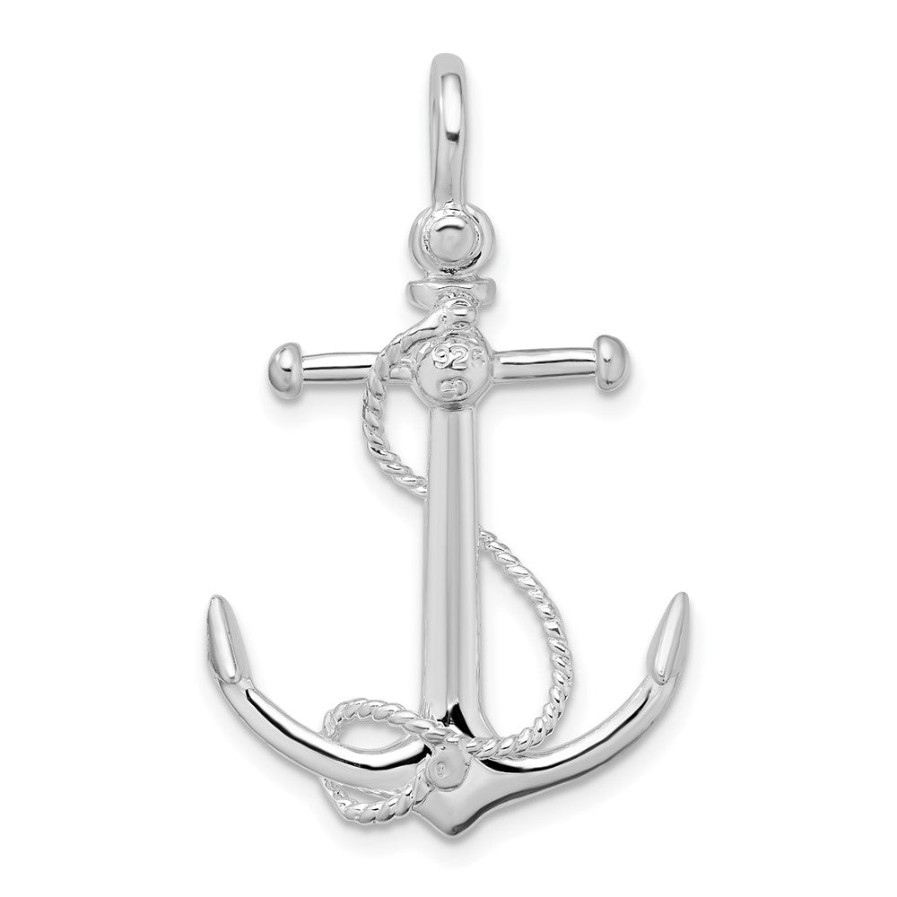 Sterling Silver De-Ani Rhodium-Plated Polished 3D Anchor With Rope Pendant