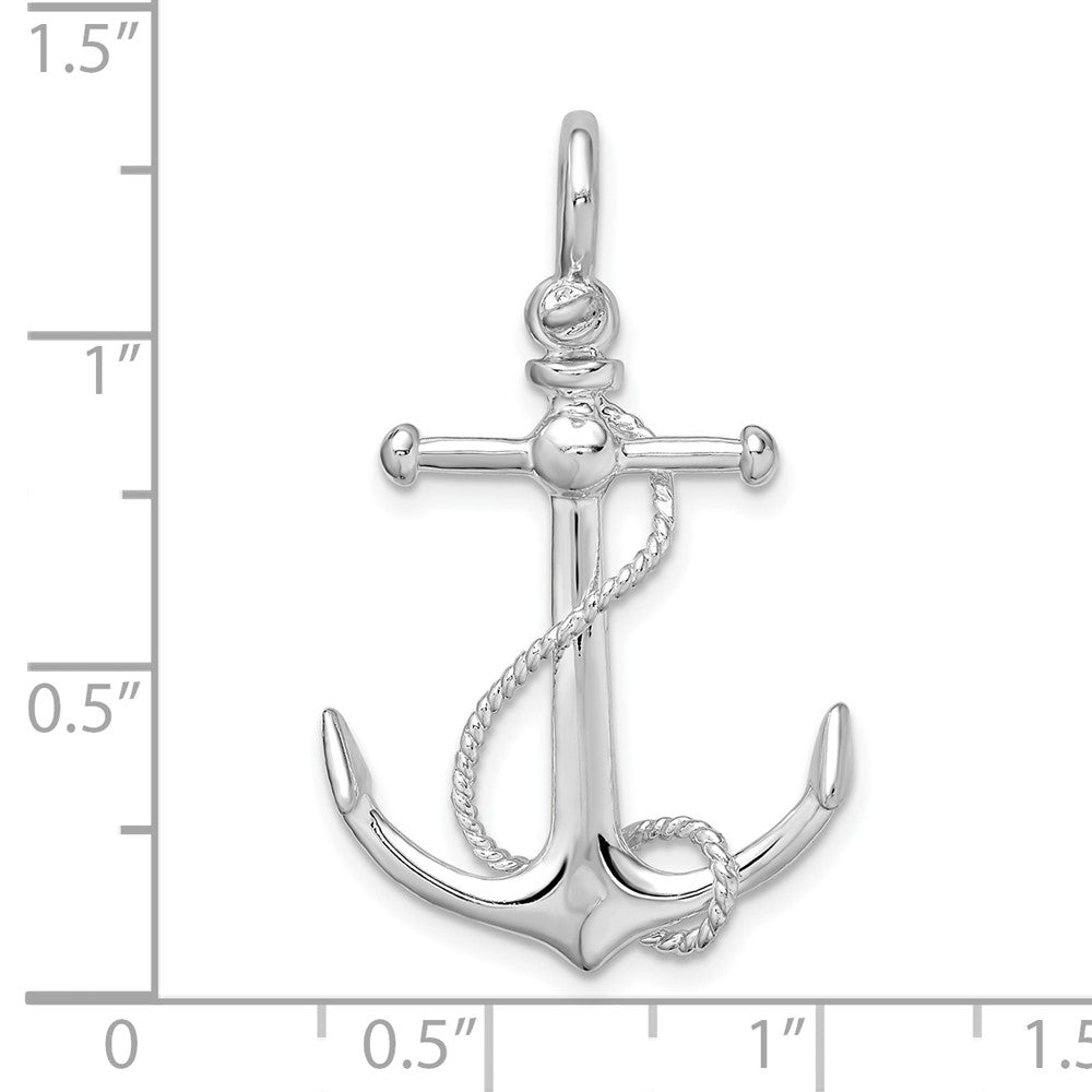 Sterling Silver De-Ani Rhodium-Plated Polished 3D Anchor With Rope Pendant