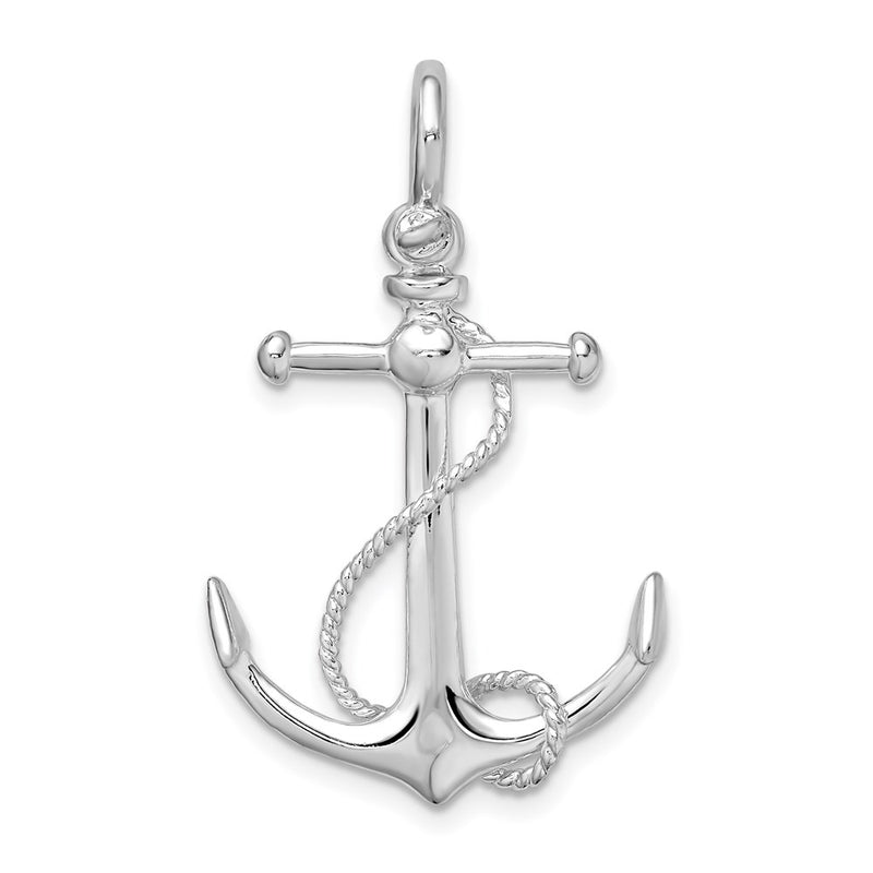 Sterling Silver De-Ani Rhodium-Plated Polished 3D Anchor With Rope Pendant