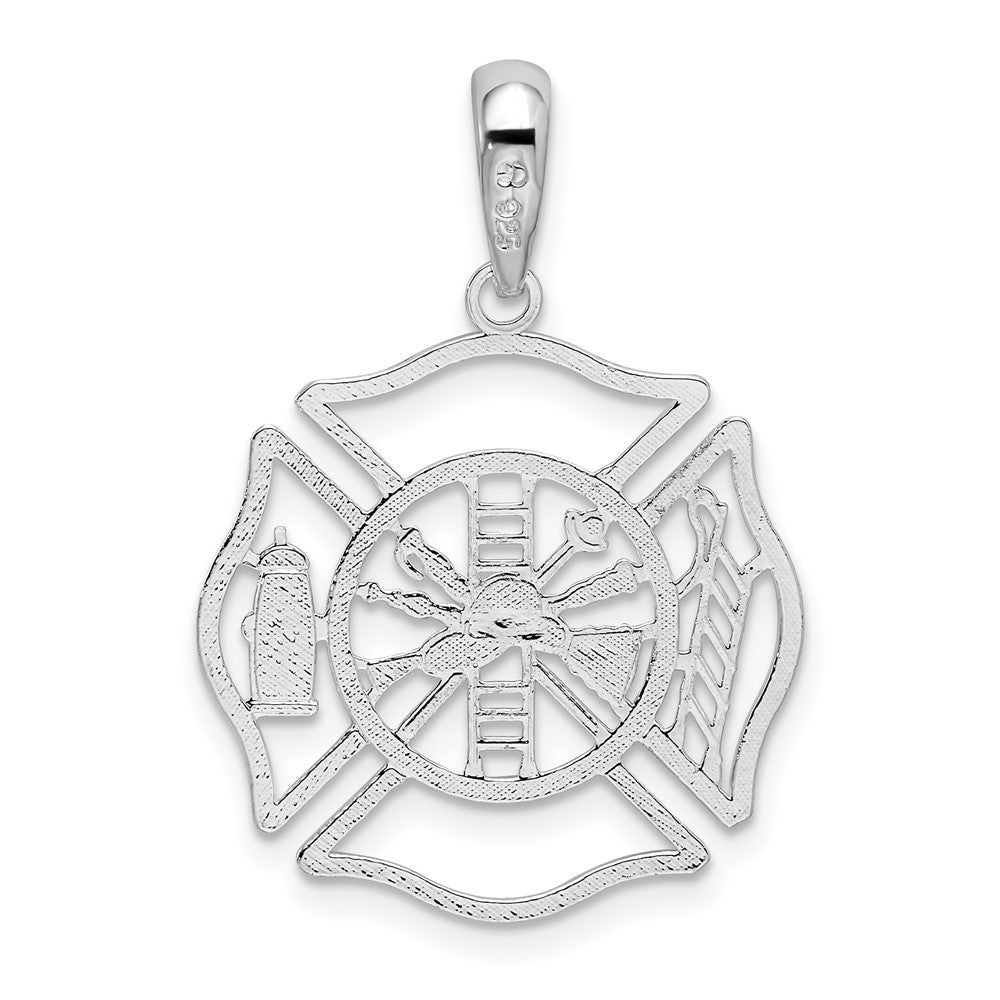 Sterling Silver De-Ani Rhodium-Plated Polished Cut-Out Fireman Shield Pendant