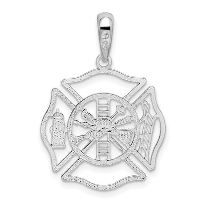 Sterling Silver De-Ani Rhodium-Plated Polished Cut-Out Fireman Shield Pendant