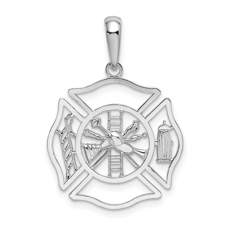 Sterling Silver De-Ani Rhodium-Plated Polished Cut-Out Fireman Shield Pendant