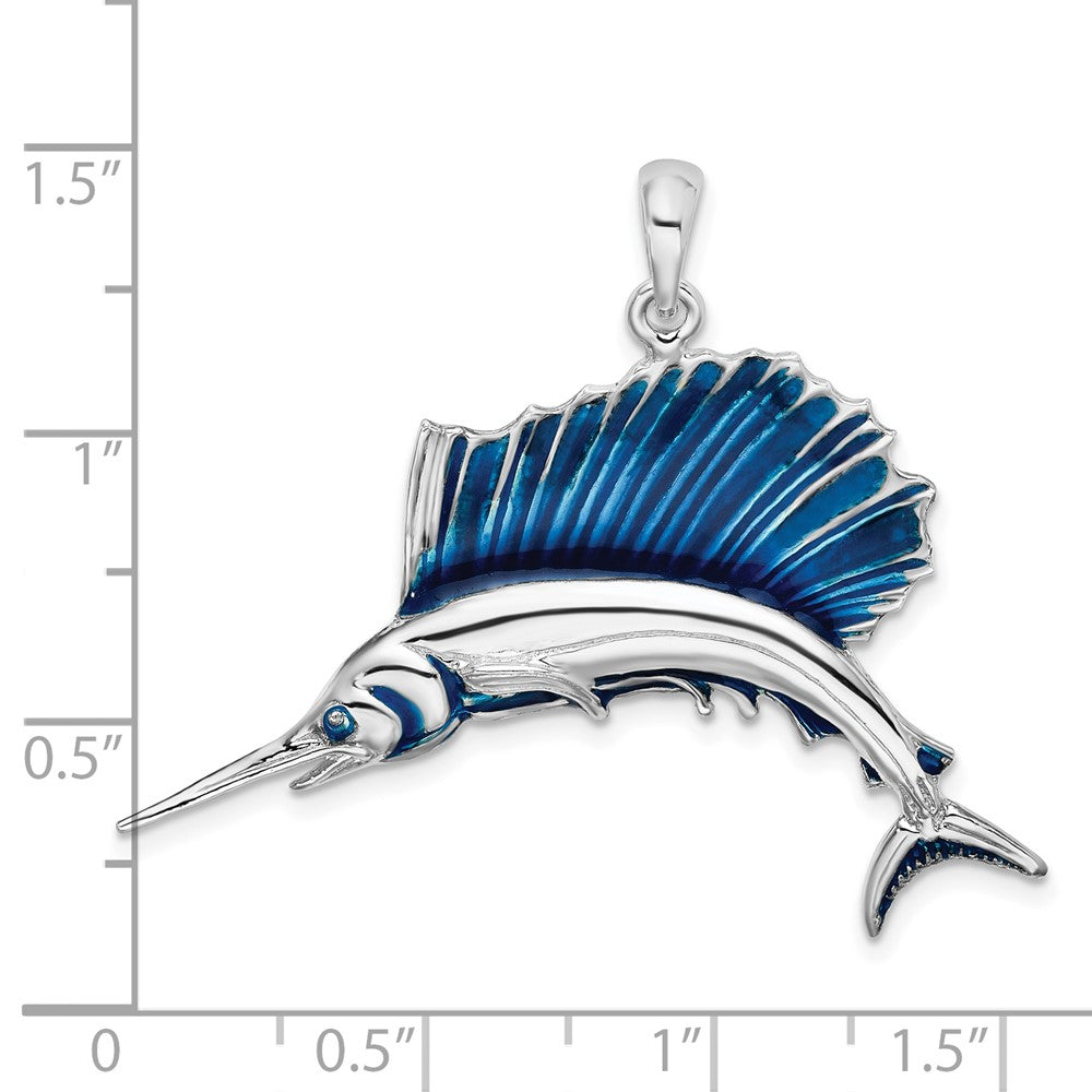 Sterling Silver De-Ani Rhodium-Plated Polished Enameled Sailfish Pendant