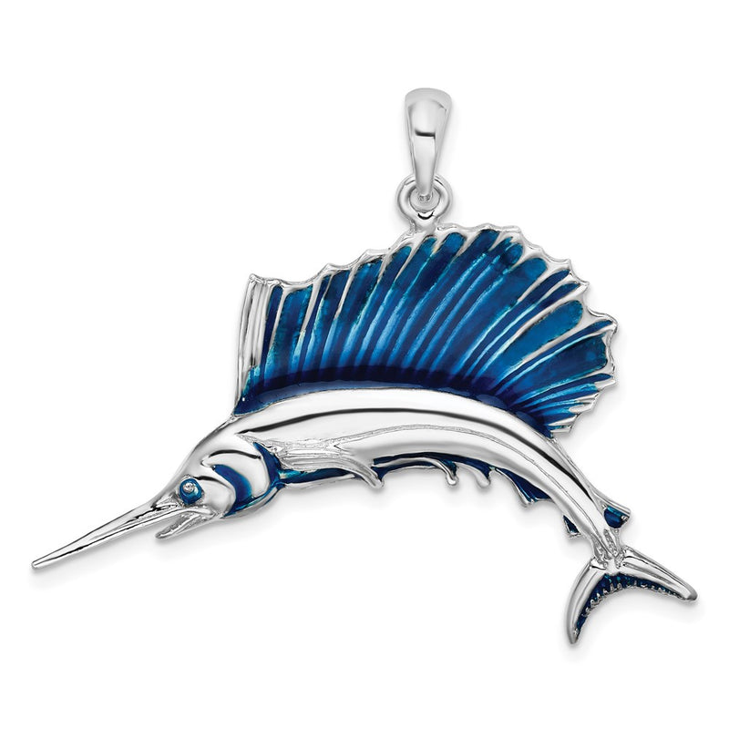 Sterling Silver De-Ani Rhodium-Plated Polished Enameled Sailfish Pendant
