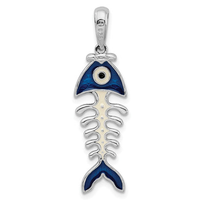 Sterling Silver De-Ani Rhodium-Plated Polished 3D Enameled Fishbone Pendant