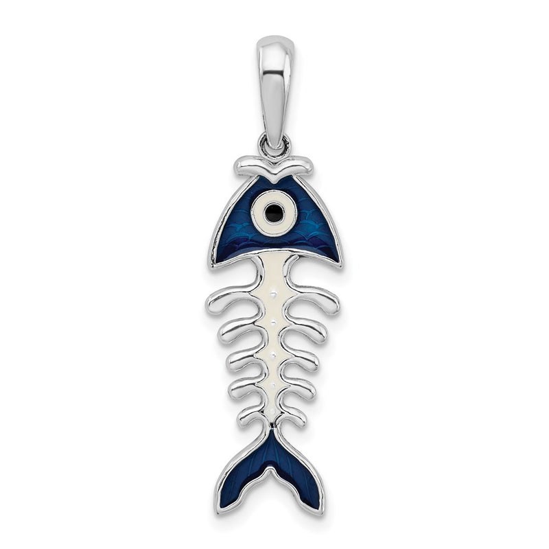 Sterling Silver De-Ani Rhodium-Plated Polished 3D Enameled Fishbone Pendant