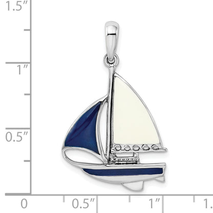 Sterling Silver De-Ani Rhodium-Plated Polished Enameled Sailboat Pendant