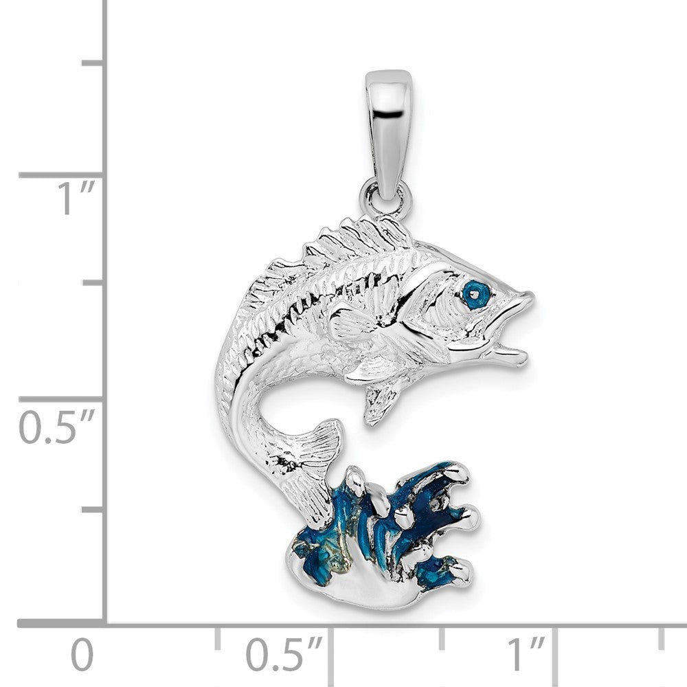 Sterling Silver De-Ani Rhodium-Plated Enameled Jumping Bass Fish Pendant