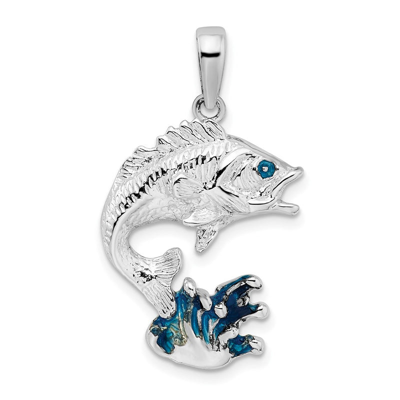 Sterling Silver De-Ani Rhodium-Plated Enameled Jumping Bass Fish Pendant