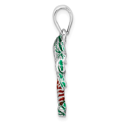 Sterling Silver De-Ani Rhodium-Plated Polished Enameled Palm Trees Pendant