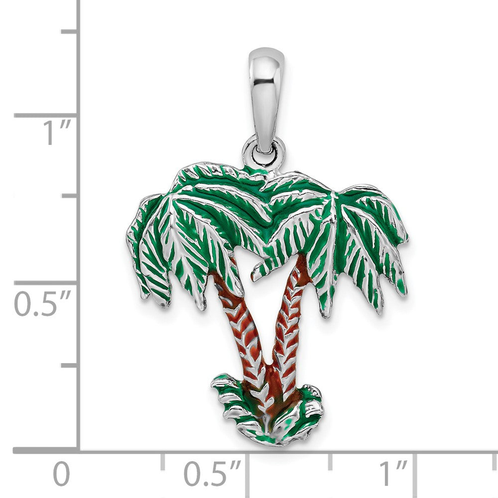 Sterling Silver De-Ani Rhodium-Plated Polished Enameled Palm Trees Pendant