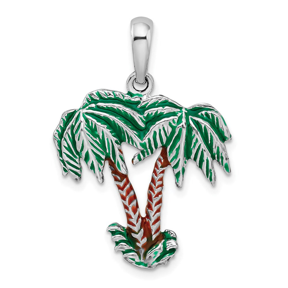 Sterling Silver De-Ani Rhodium-Plated Polished Enameled Palm Trees Pendant