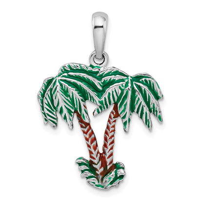 Sterling Silver De-Ani Rhodium-Plated Polished Enameled Palm Trees Pendant