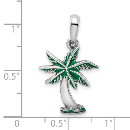 Sterling Silver De-Ani Rhodium-Plated Polished Enameled Palm Tree Pendant