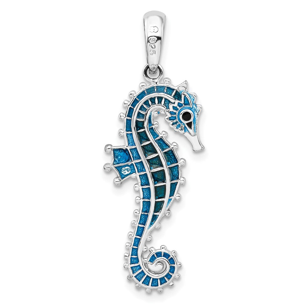 Sterling Silver De-Ani Rhodium-Plated Polished 3D Enameled Blue Seahorse Pendant