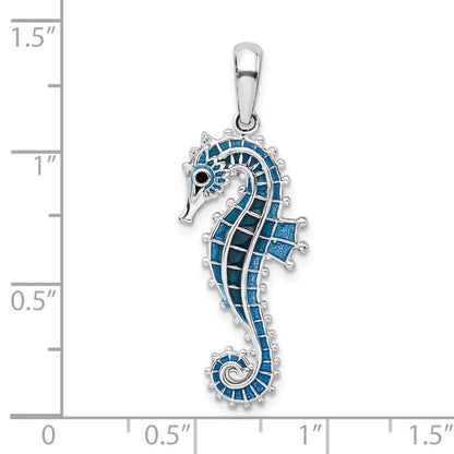 Sterling Silver De-Ani Rhodium-Plated Polished 3D Enameled Blue Seahorse Pendant