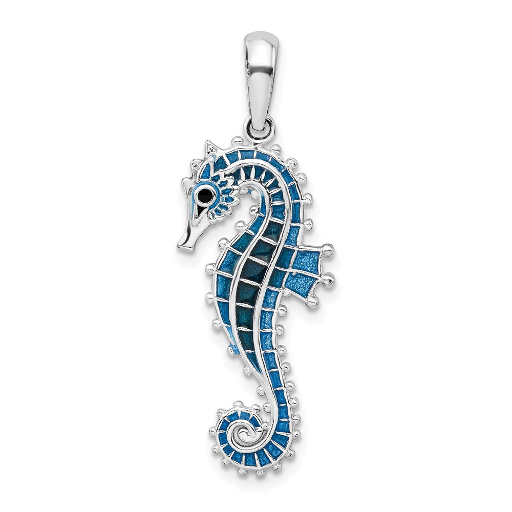 Sterling Silver De-Ani Rhodium-Plated Polished 3D Enameled Blue Seahorse Pendant