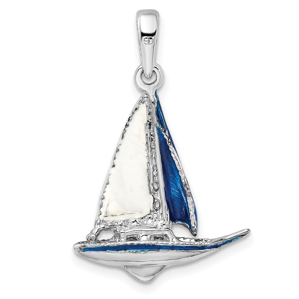 Sterling Silver De-Ani Rhodium-Plated Polished 3D Enameled Sailboat Pendant