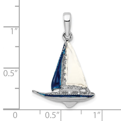 Sterling Silver De-Ani Rhodium-Plated Polished 3D Enameled Sailboat Pendant