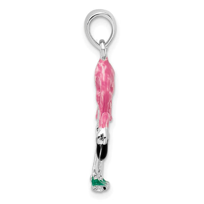 Sterling Silver De-Ani Rhodium-Plated Polished 3D Pink Flamingo Pendant