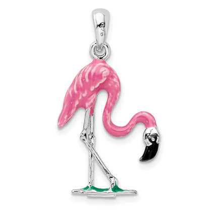 Sterling Silver De-Ani Rhodium-Plated Polished 3D Pink Flamingo Pendant