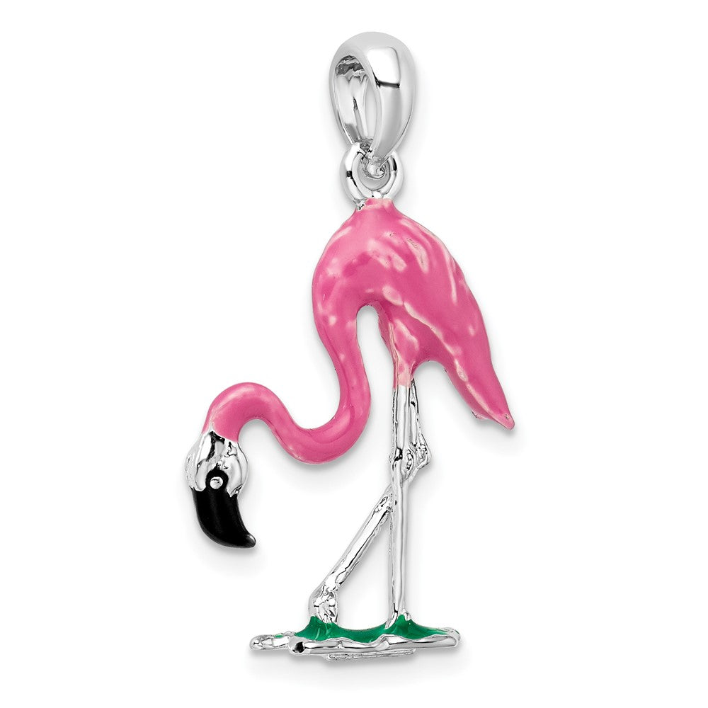 Sterling Silver De-Ani Rhodium-Plated Polished 3D Pink Flamingo Pendant