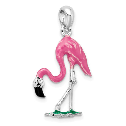 Sterling Silver De-Ani Rhodium-Plated Polished 3D Pink Flamingo Pendant