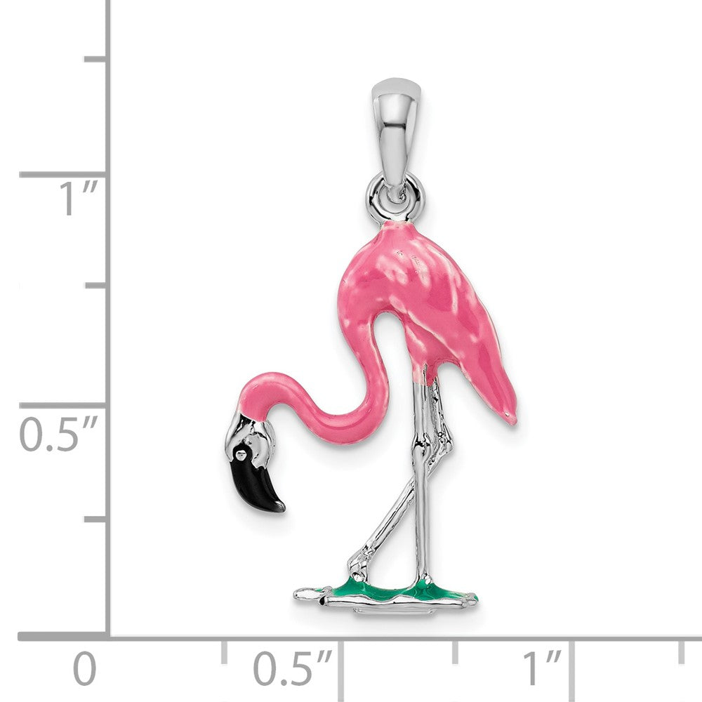 Sterling Silver De-Ani Rhodium-Plated Polished 3D Pink Flamingo Pendant