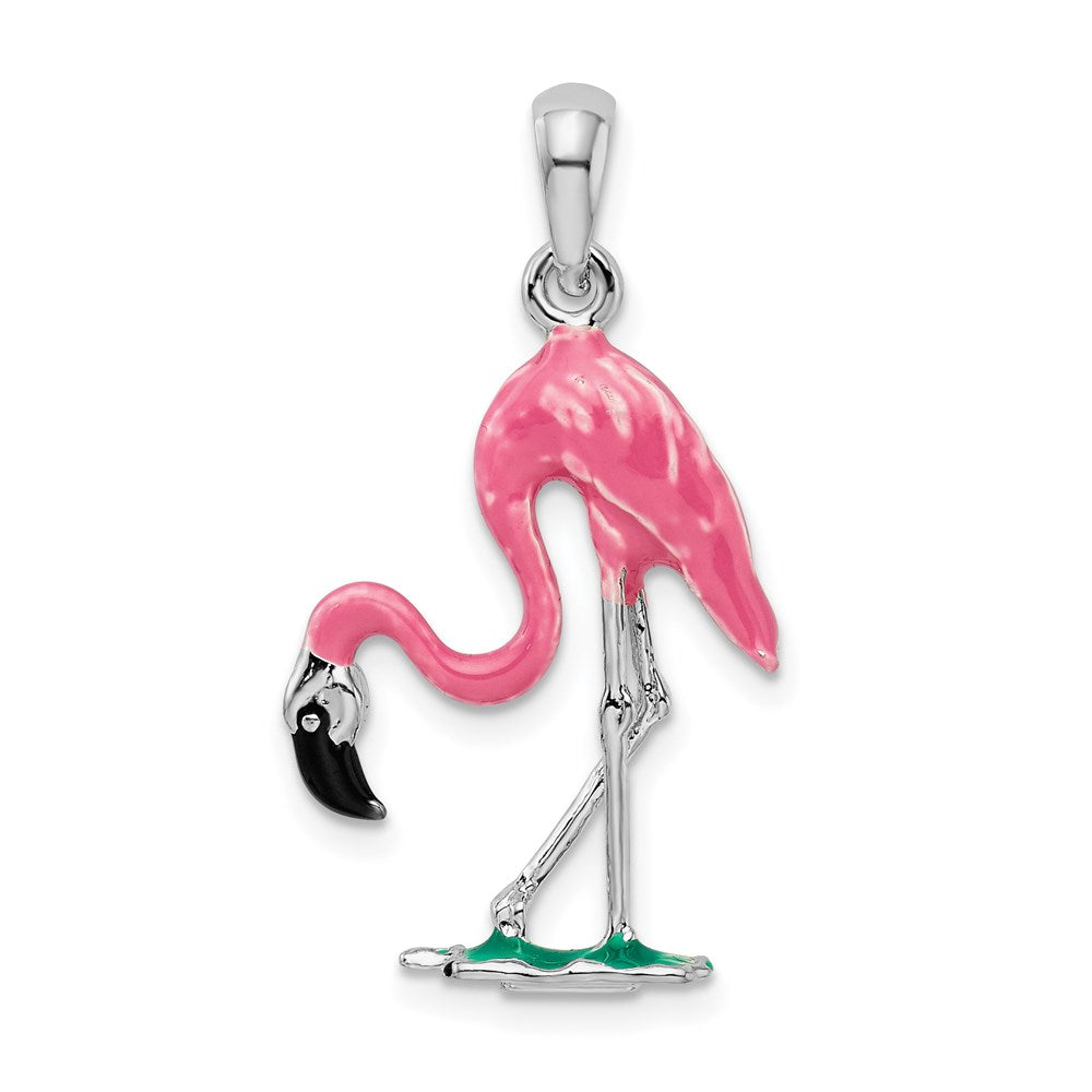 Sterling Silver De-Ani Rhodium-Plated Polished 3D Pink Flamingo Pendant