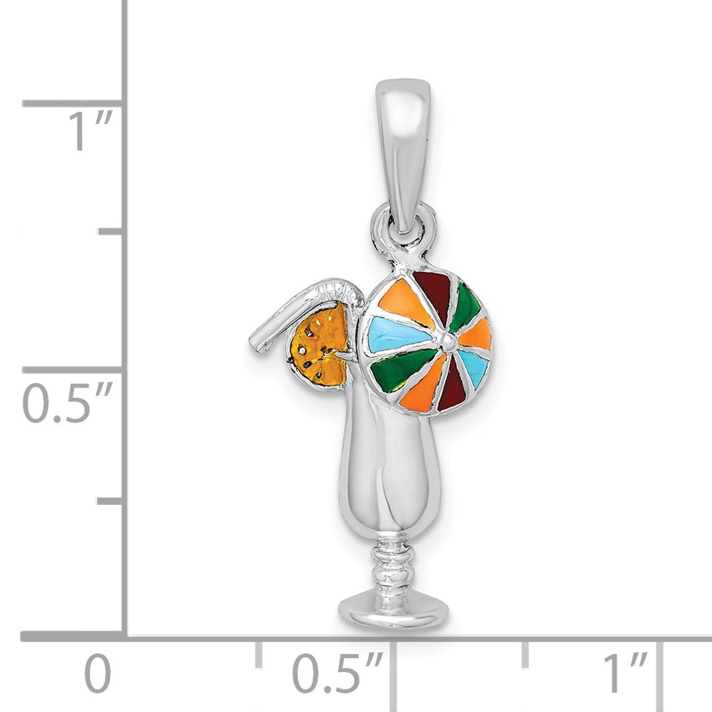 Sterling Silver De-Ani Rhodium-Plated Polished Enameled Tropical Drink Pendant