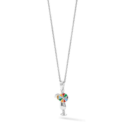 Sterling Silver De-Ani Rhodium-Plated Polished Enameled Tropical Drink Pendant