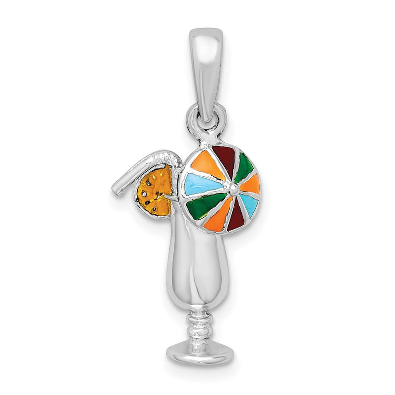 Sterling Silver De-Ani Rhodium-Plated Polished Enameled Tropical Drink Pendant