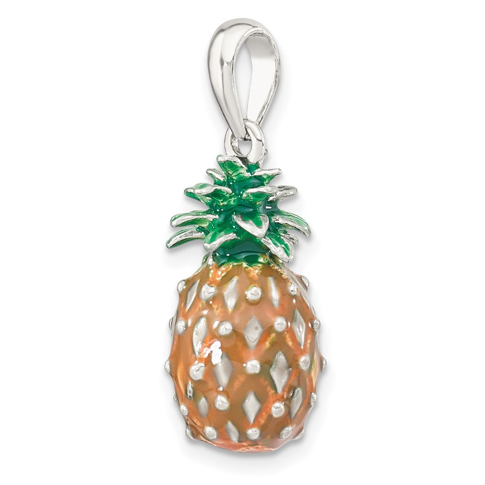 Sterling Silver De-Ani Rhodium-Plated Polished 3D Enameled Pineapple Pendant