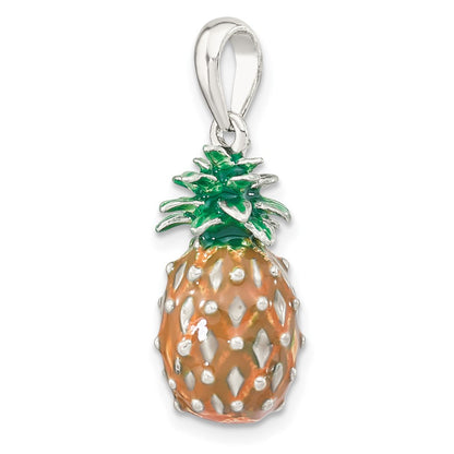 Sterling Silver De-Ani Rhodium-Plated Polished 3D Enameled Pineapple Pendant