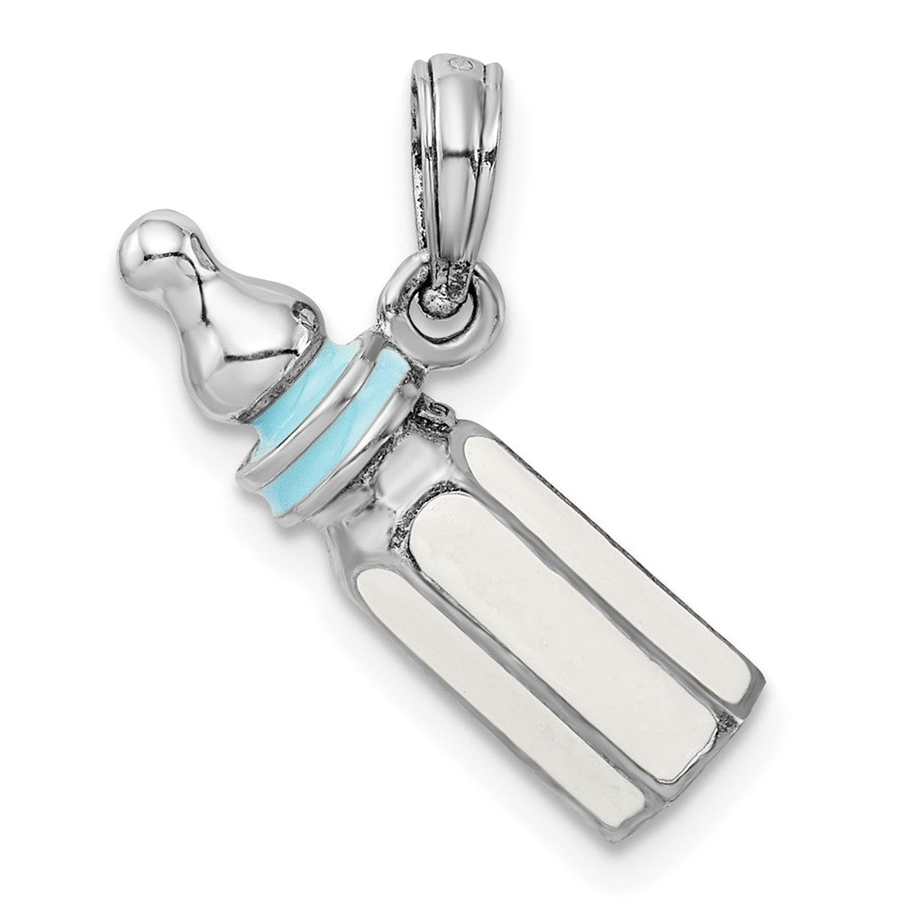 Sterling Silver De-Ani Rhodium-Plated Polished 3D Blue Baby Bottle Pendant