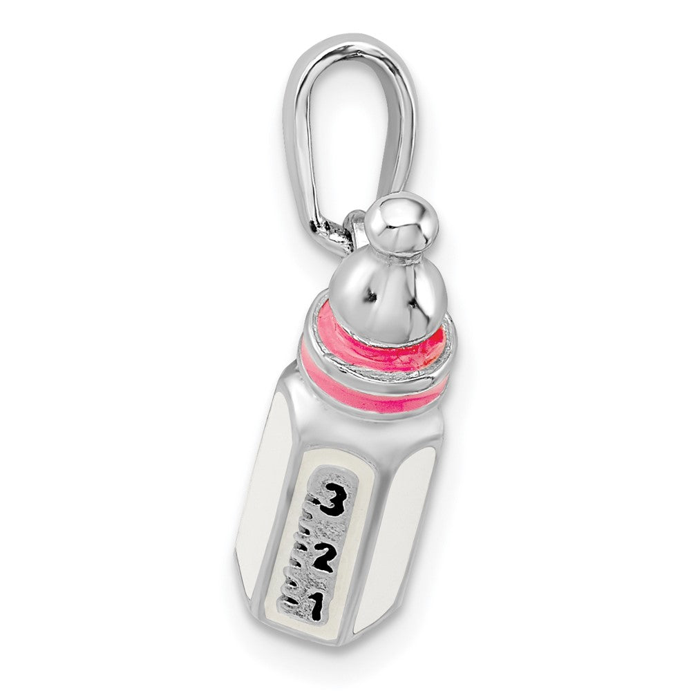 Sterling Silver De-Ani Rhodium-Plated Polished 3D Pink Baby Bottle Pendant