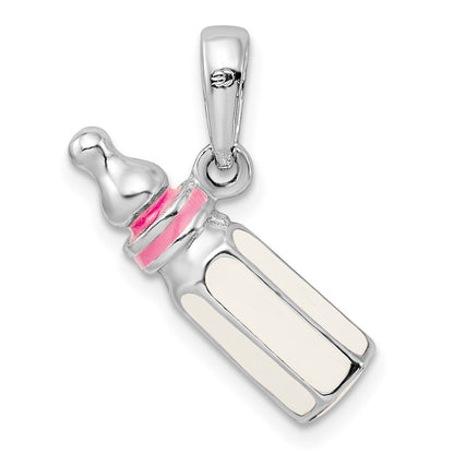 Sterling Silver De-Ani Rhodium-Plated Polished 3D Pink Baby Bottle Pendant