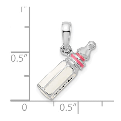 Sterling Silver De-Ani Rhodium-Plated Polished 3D Pink Baby Bottle Pendant