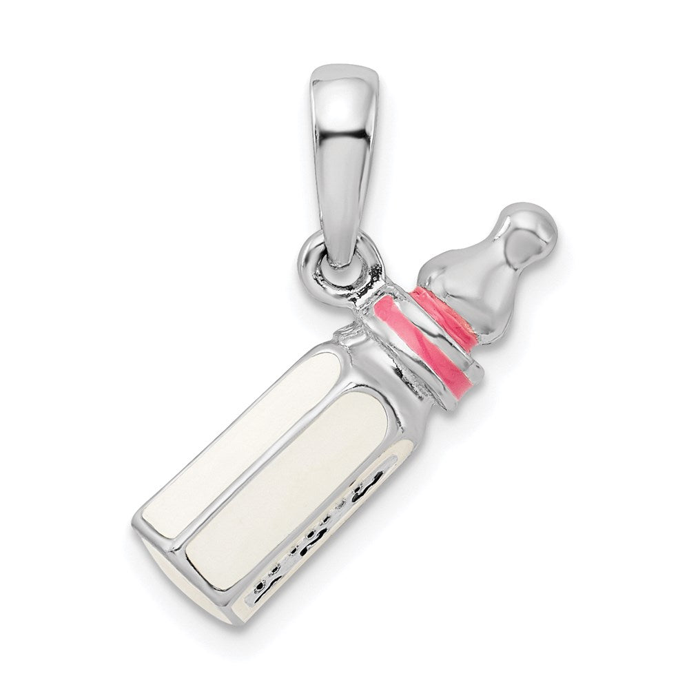 Sterling Silver De-Ani Rhodium-Plated Polished 3D Pink Baby Bottle Pendant