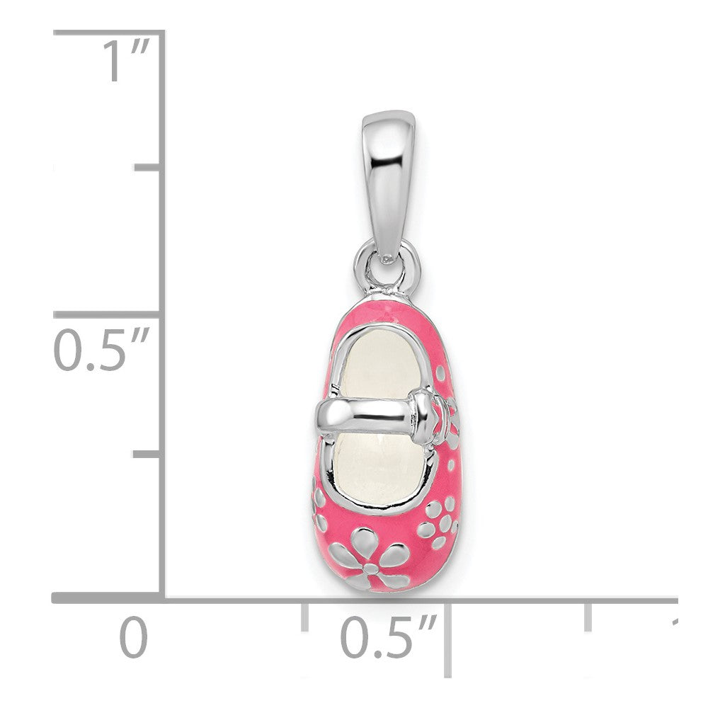 Sterling Silver De-Ani Rhodium-Plated 3D Pink Enameled Baby Shoe Pendant