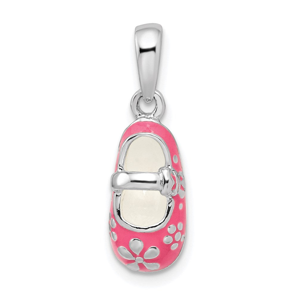 Sterling Silver De-Ani Rhodium-Plated 3D Pink Enameled Baby Shoe Pendant
