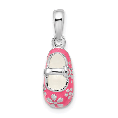 Sterling Silver De-Ani Rhodium-Plated 3D Pink Enameled Baby Shoe Pendant