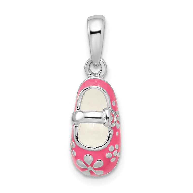 Sterling Silver De-Ani Rhodium-Plated 3D Pink Enameled Baby Shoe Pendant