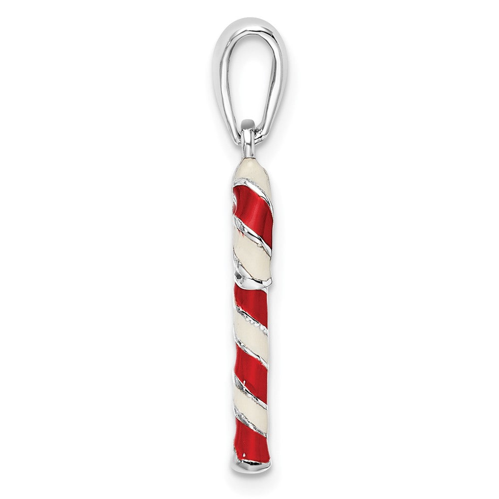 Sterling Silver De-Ani Rhodium-Plated 3D Enameled Candy Cane Pendant