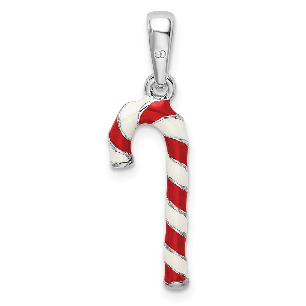 Sterling Silver De-Ani Rhodium-Plated 3D Enameled Candy Cane Pendant